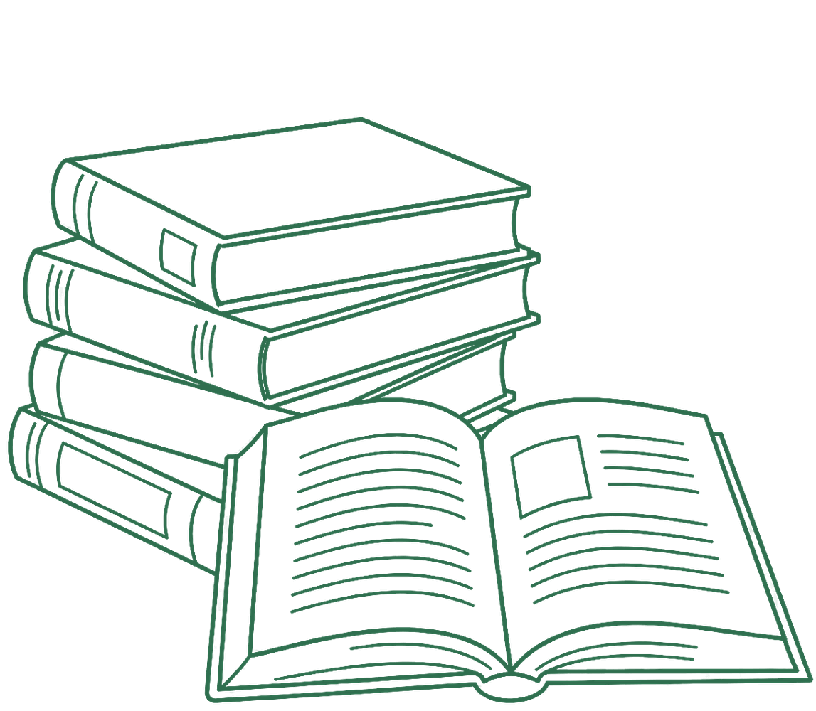 A line drawing of a stack of four books beside an open book showing text on both pages.